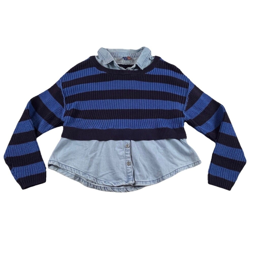 Anthropologie Pilcro Sweater Womens XXS Oversize Denim Shirt Chunky Knit Preppy
